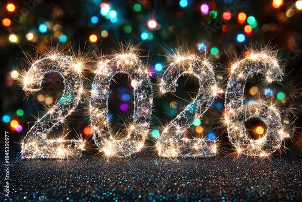 Obraz Fireworks exploding behind 2026 sign celebrating new year