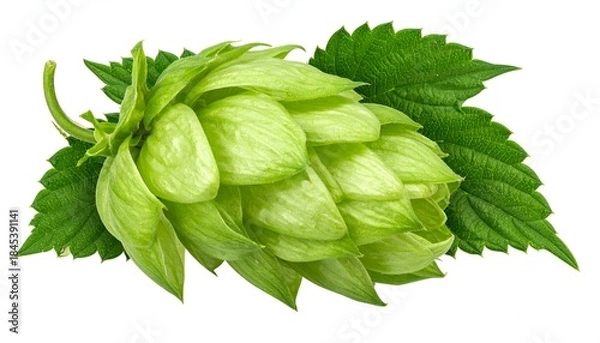 Fototapeta Vivid, isolated hop cone and leaves, showcasing layered bracts, vibrant green tones