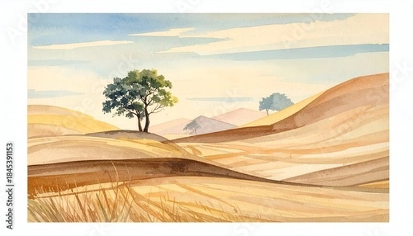 Fototapeta Watercolor depiction of a rolling, arid landscape with trees under a blue sky