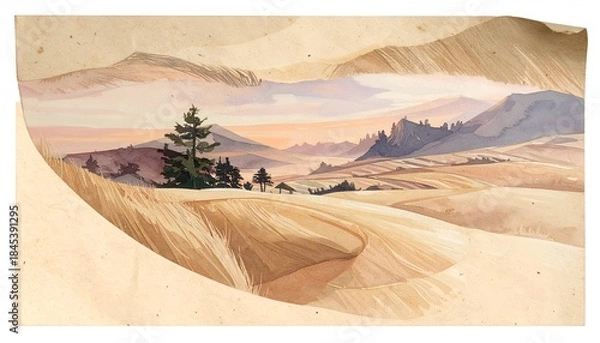 Fototapeta Watercolor painting depicting a wheat field, mountains, and sunset through a framed arch