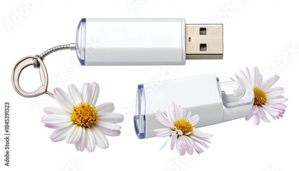 Fototapeta White USB drive with daisy flowers arranged in a creative and elegant display