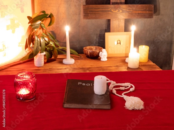 Obraz psalter, candles and rosary in monastery