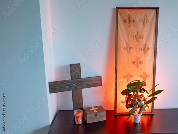 Obraz candles and cross in monastery