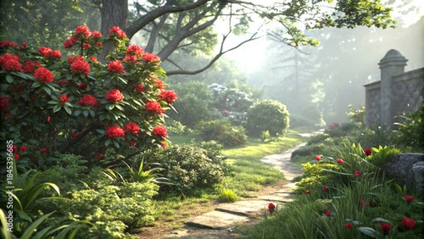 Fototapeta Red blooms in lush greenery