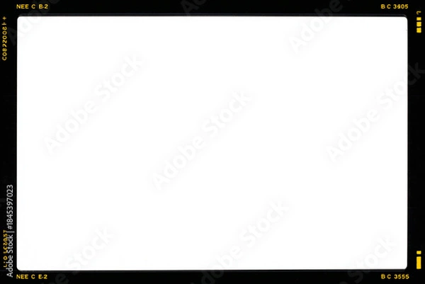 Obraz Clean minimalist 35mm film border frame with black edge and small yellow film markings, large blank white center copy space, analog photo scan style template for poster, mockup, banner, slideshow