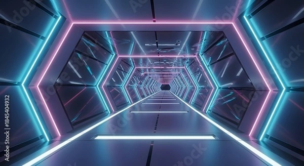 Obraz Futuristic neon tunnel perspective abstract background cyberspace science fiction glowing corridor digital void