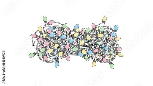 Fototapeta Cute Loose Knot of Pastel Fairy Lights Featuring Soft Glossy Bulbs Against a Clean White Surface