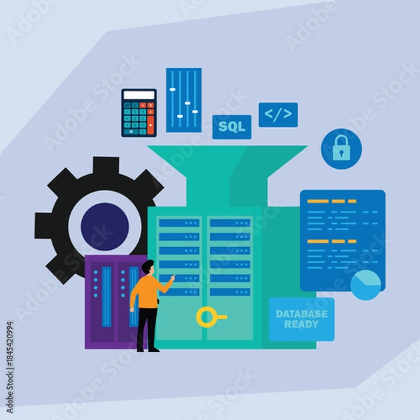 Obraz Database Management and IT Operations: Processing Big Data on Server Machine 2d flat vector illustration