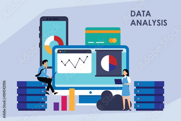 Obraz Data Analysis and Business Intelligence: Team Processing Financial Data and Statistics 2d flat vector illustration