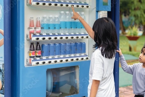 Obraz A little Asian girl choosing a drink at a vending machine in a city park