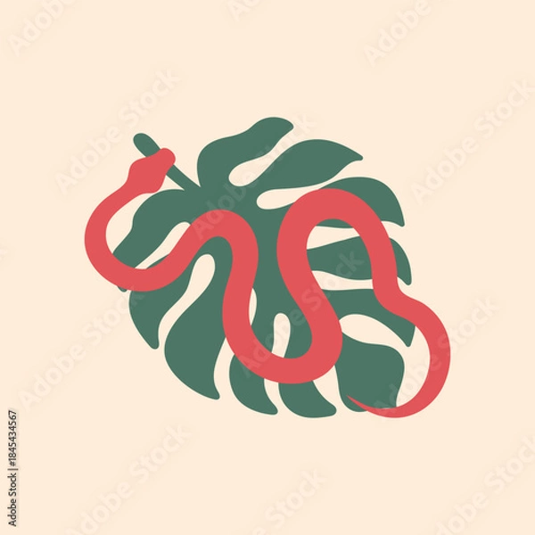 Obraz Red snake on monstera leaf. Vector illustration