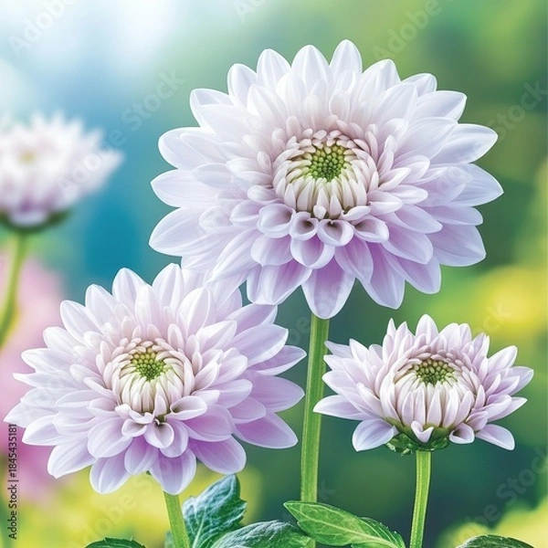 Obraz Beautiful White Chrysanthemums Blooming in Lush Green Background