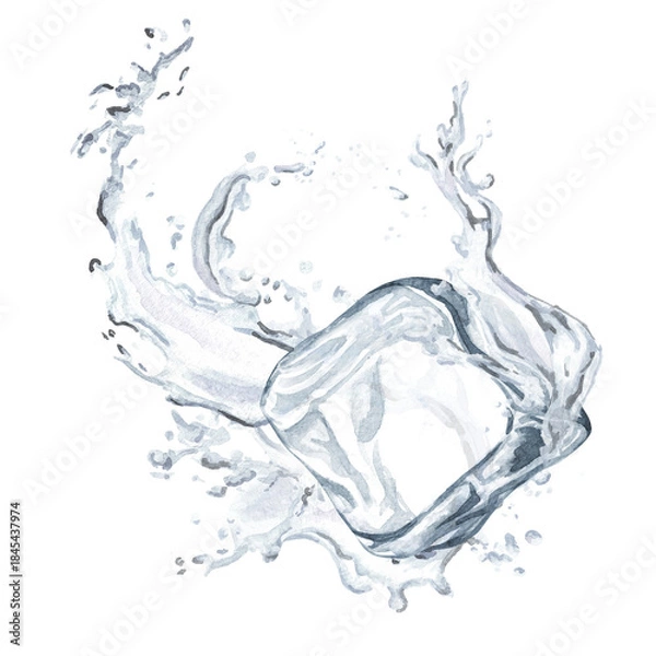 Obraz Ice cube, and splash of crystal water. Hand drawn watercolor illustration isolated on white background