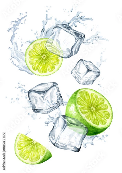 Obraz Ice cubes, lime citrus and splash of crystal water. Hand drawn watercolor illustration isolated on white background