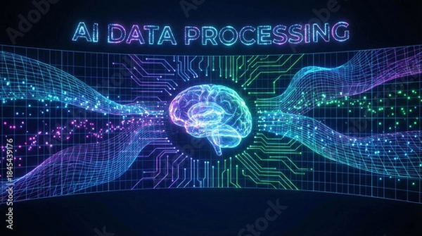 Obraz AI Data Processing Concept with Neon Brain and Circuitry