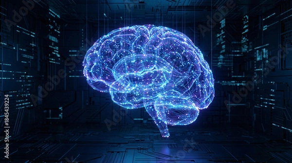 Obraz Digital Brain in Technology Background with Neon Lights