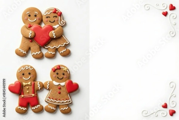 Obraz Holiday gingerbread couples holding red hearts for Christmas, New Year and Valentine's Day. Festive winter cookies on white background with copy space for greeting card.