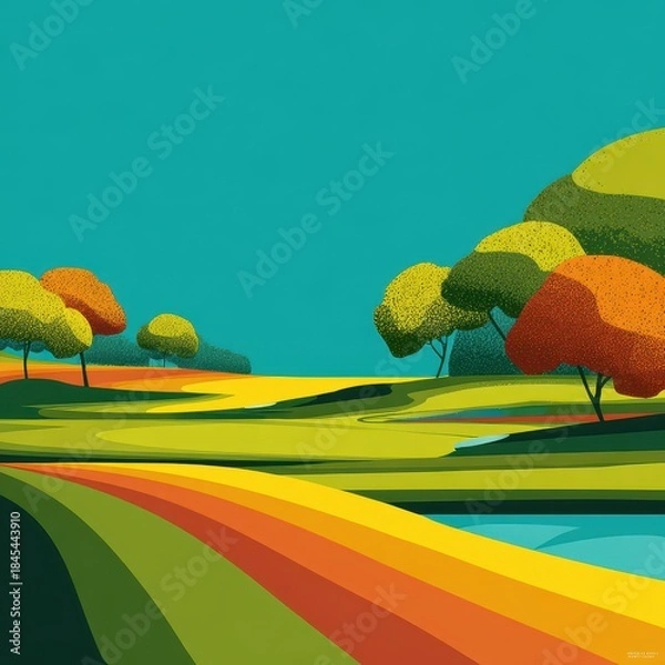 Fototapeta Stylized Landscape with Rolling Hills and Textured Trees