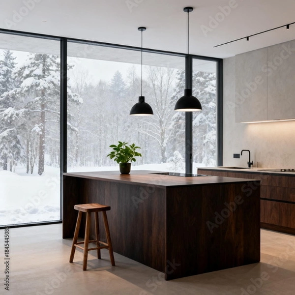 Obraz Modern Minimalist Kitchen with Snowy Forest View