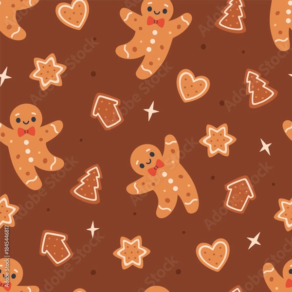 Obraz Seamless pattern with cute gingerbread cookies. Holiday pastry, cookies. Design for banner, wallpaper, wrapping paper, background, card, poster. Vector illustration in flat style