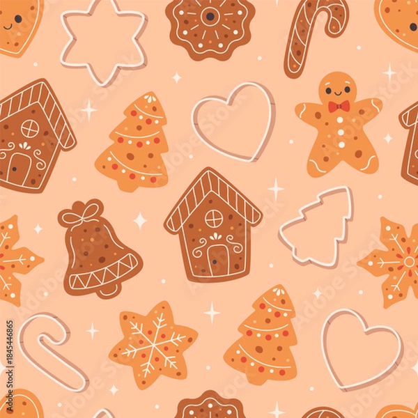 Obraz Seamless pattern with cute gingerbread cookies and cookie cutters. Holiday pastry. Design for banner, wallpaper, wrapping paper, background, card, poster. Vector illustration in flat style