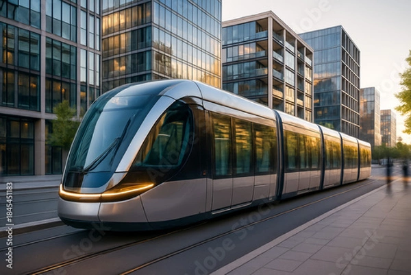 Fototapeta Modern tram passing through urban glass buildings at sunset