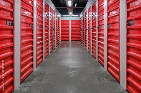 Obraz Self storage facility, red metal doors with locks. Storage corridor warehouse. Selective focus