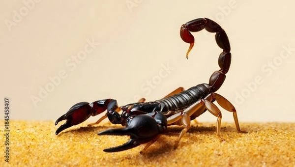 Obraz Black scorpion with raised stinger on sandy surface macro shot