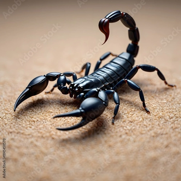 Obraz Black scorpion close up on sandy textured background