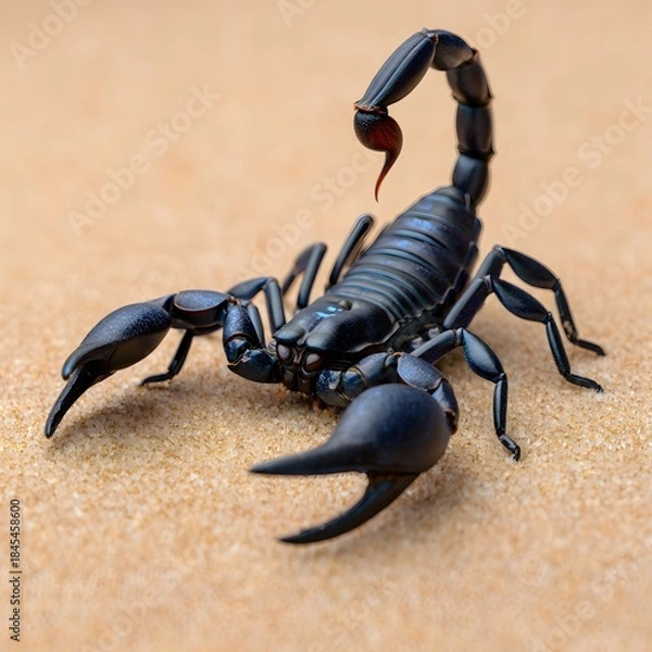 Obraz Black scorpion close up on sandy textured background