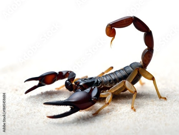 Obraz Scorpion with raised tail and claws, macro shot on light background