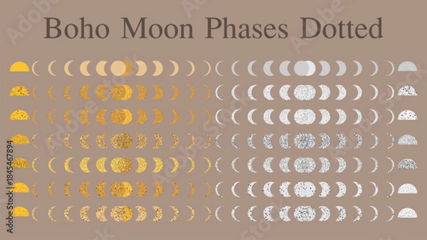 Fototapeta Boho Moon Phases Vector Set, Gold,Silver, Dotted