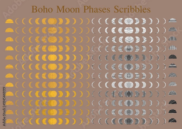 Fototapeta Boho Moon Phases Vector Set, Scribble,Gold,Silver,