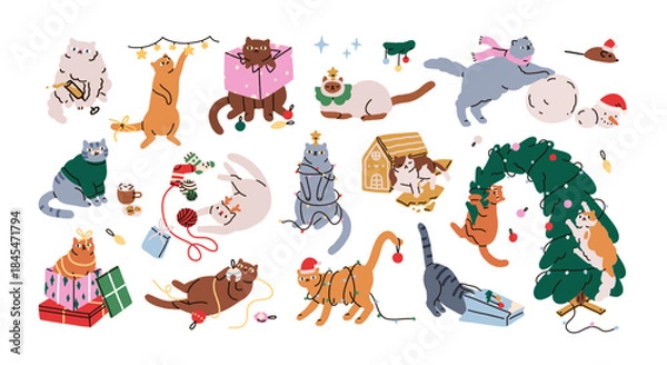 Fototapeta Funny Christmas and New Year cats. Cute kitties playing on winter holidays. Naughty kittens pets with gift, fir tree. Feline Xmas fun. Flat graphic vector illustration isolated on white background