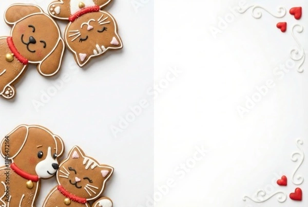 Obraz Gingerbread dog and cat couples with red hearts for Christmas, New Year and Valentine's Day. Cute holiday pet cookies on left side of white background with copy space.