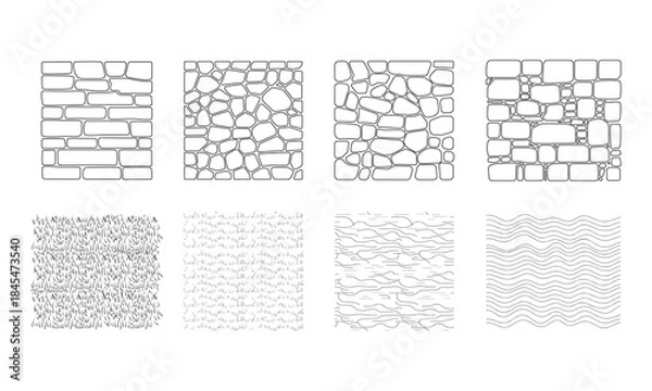 Fototapeta Landscape Architecture CAD Vector Patterns Set. Grass, Water, Stone, Wall, and Texture Elements