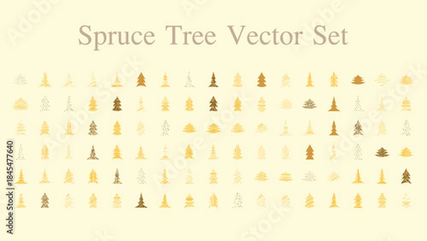 Fototapeta Spruce Tree Vector Set Scribble, Dotted, Gold