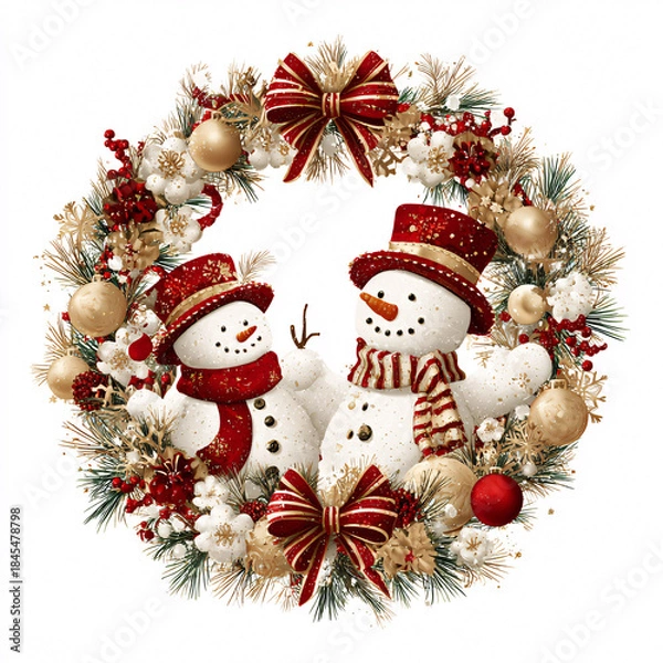 Obraz Christmas wreath of fir branches with snowmen and gold ornaments, with copy space