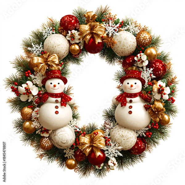 Obraz Christmas wreath of fir branches with snowmen and gold ornaments, with copy space