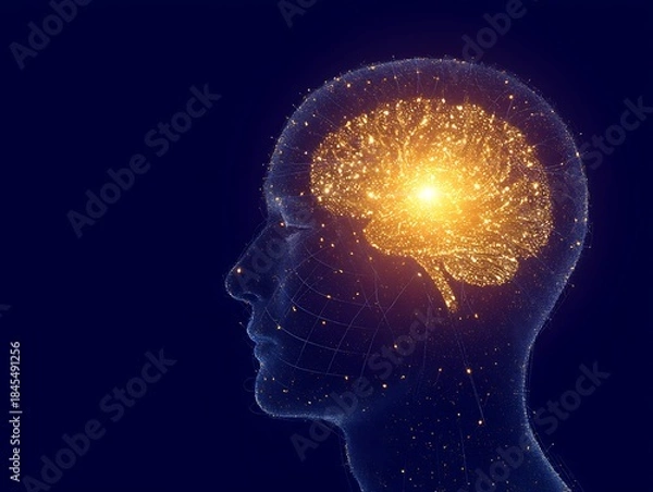 Obraz Glowing brain inside human head silhouette profile