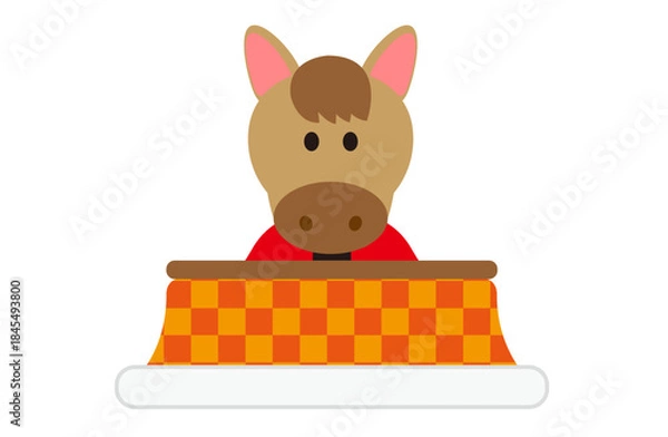 Obraz こたつに入って暖まるかわいい馬のイラスト