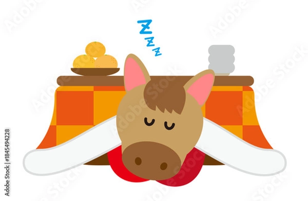 Obraz こたつでくつろぐ馬のかわいい年末年始イラスト