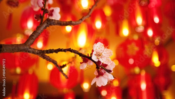 Fototapeta Cherry blossom branch in full bloom against glowing red lanterns, symbolizing renewal, luck and prosperity during Chinese New Year celebrations in warm festive light