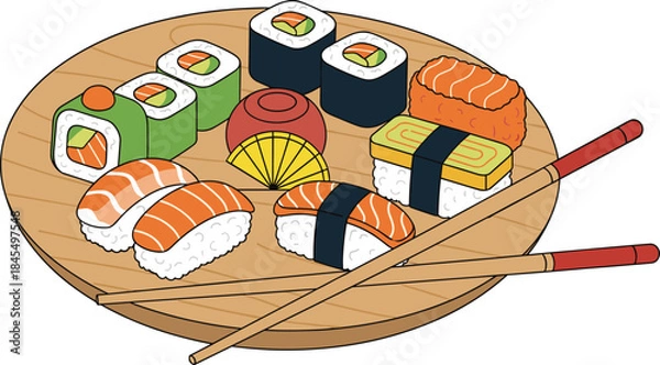 Fototapeta Assorted sushi platter with nigiri and rolls on wooden board, cute cartoon Japanese food illustration isolated