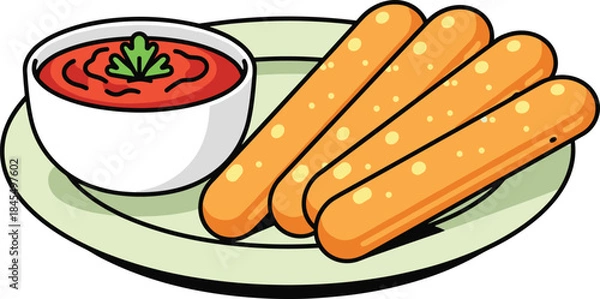 Fototapeta Breadsticks with tomato dipping sauce on plate, cute cartoon appetizer food illustration isolated on white background