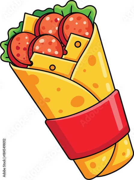 Fototapeta Cheesy wrap sandwich with salami and lettuce, colorful cartoon fast food illustration isolated on white background