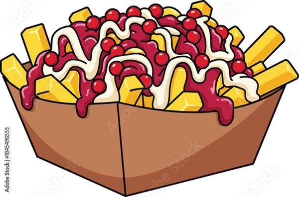 Fototapeta Loaded french fries with cheese sauce and ketchup, delicious cartoon fast food illustration isolated on white background