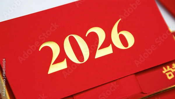 Fototapeta Close-up of a red hongbao envelope with golden 2026 text, symbolizing luck, prosperity, and new beginnings during Chinese New Year and Lunar New Year celebrations