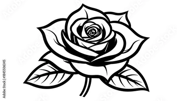 Fototapeta Elegant line drawing of a rose blossom with leaves, rendered in black and white on a plain background
