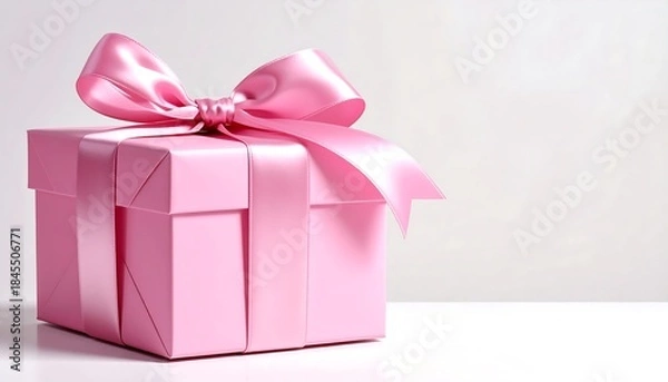 Fototapeta Elegant pink gift box, neatly wrapped with satin ribbon, resting on a white surface. Soft background